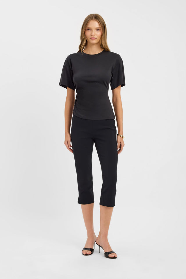 Styled Nova Tee womens blouse in fitted black with round neckline and short sleeves on-body