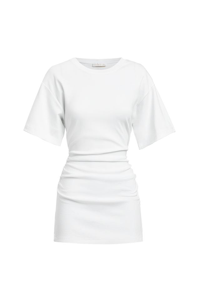 Featuring the Nova Mini Dress womens-dresses with bodycon shape, fitted cut, round neckline, and white color detail