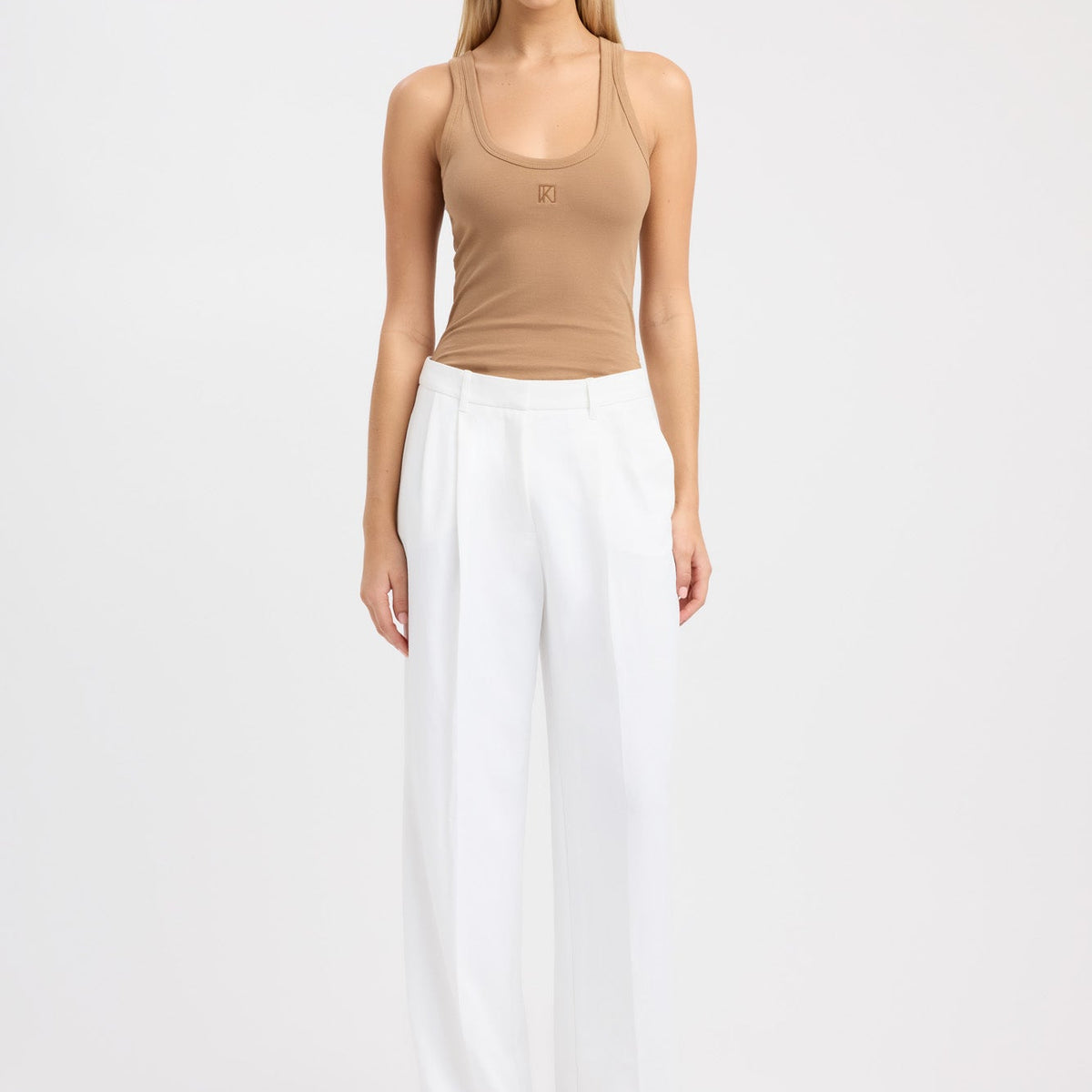 Zoe Contour Rib Scoop Tank - Black/white monogram embroidery
