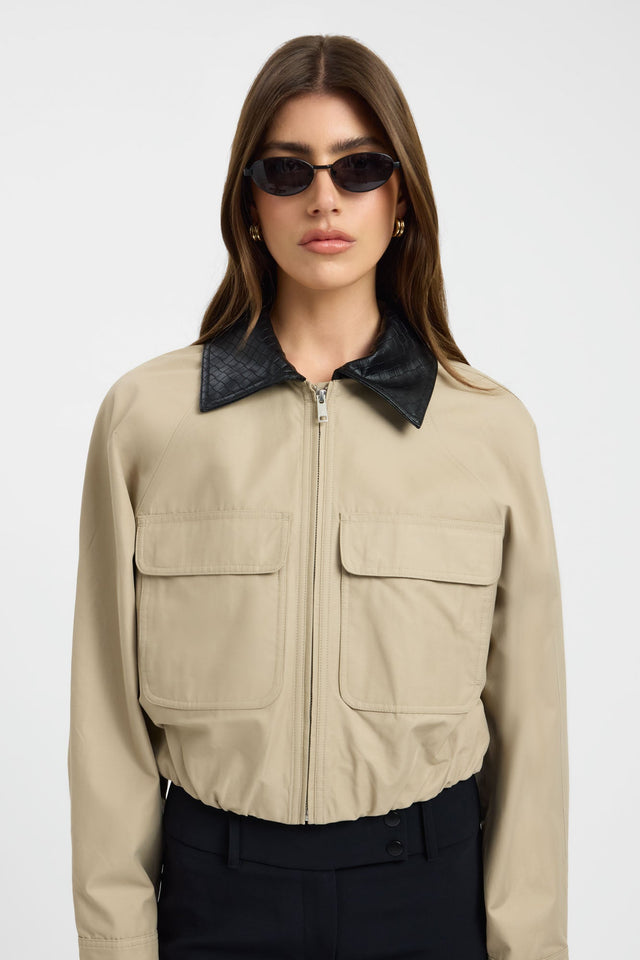 Featuring the Spencer Jacket in womens coats and jackets with full sleeves, bomber style, short length in beige detail