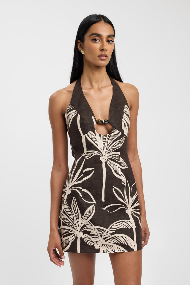 front Palm Springs Bead Mini Dress Kookai Straight Mini Fitted Plungeneck brown womens-dresses 
