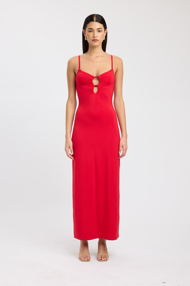 side Maddy Bead Dress Kookai Straight Maxi Relaxed Plungeneck red womens-dresses 