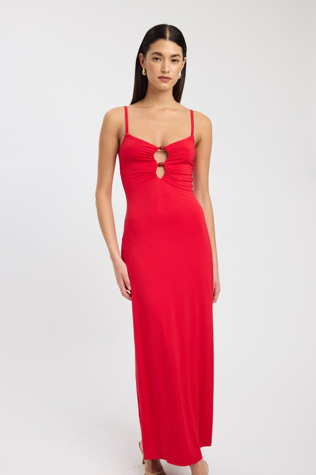 front Maddy Bead Dress Kookai Straight Maxi Relaxed Plungeneck red womens-dresses 