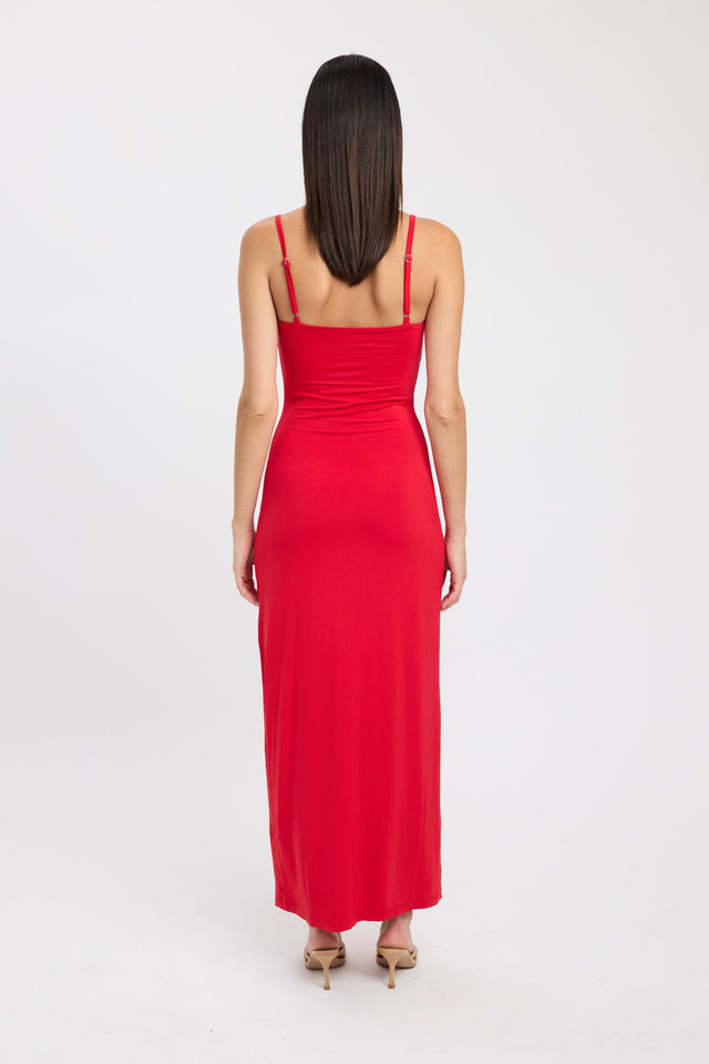 back Maddy Bead Dress Kookai Straight Maxi Relaxed Plungeneck red womens-dresses 