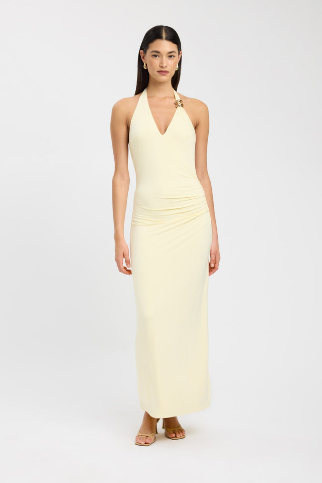 side Paloma Maxi Dress Kookai Straight Maxi Fitted V-neck yellow womens-dresses 