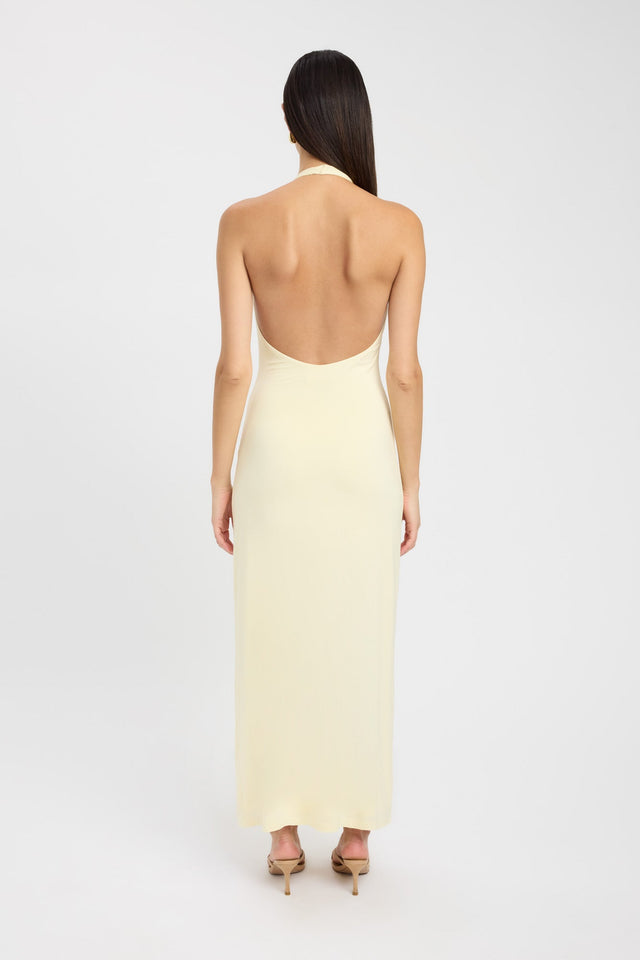 back Paloma Maxi Dress Kookai Straight Maxi Fitted V-neck yellow womens-dresses 