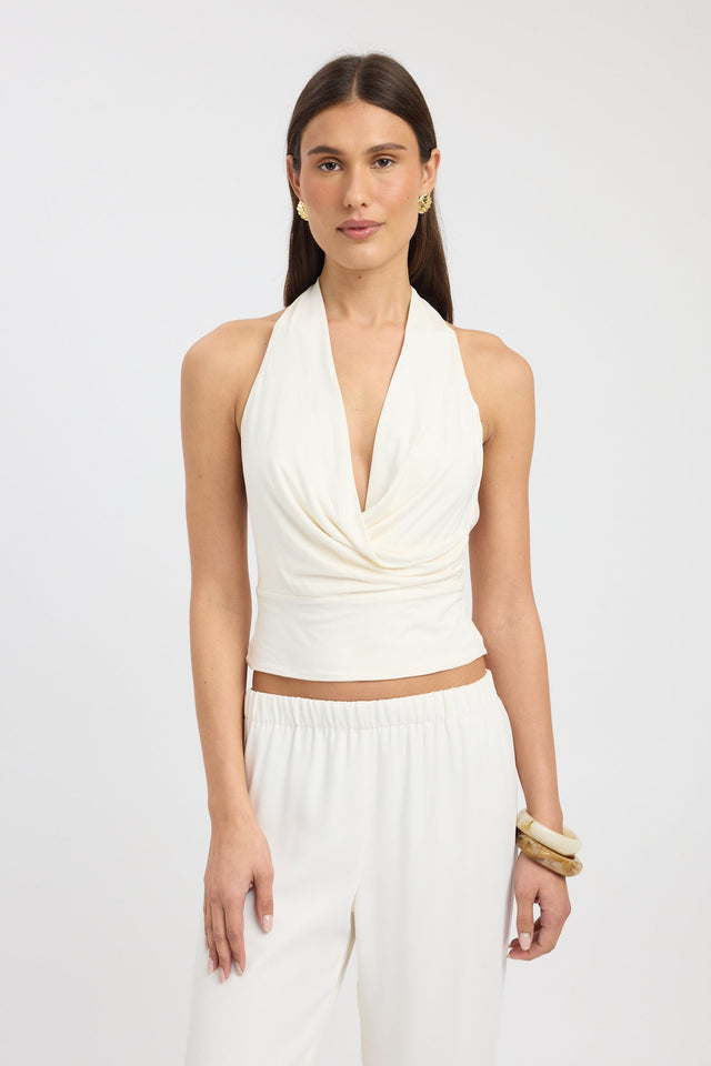 front Walker Halter Top Kookai Fitted Cowlneck Sleeveless Womens-Blouse 