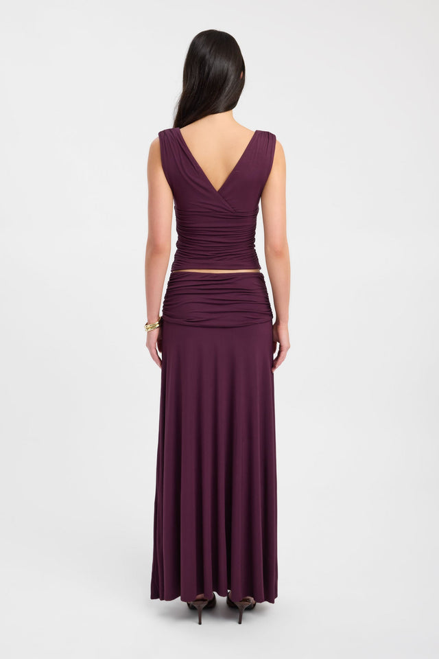 Displaying the Solis Top womens blouse in maroon with fitted v-neck sleeveless construction back