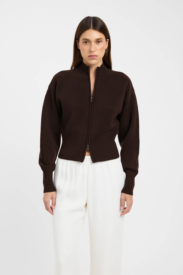 front Dalton Zip Cardigan Kookai High neck Relaxed beige womens-jumpers 