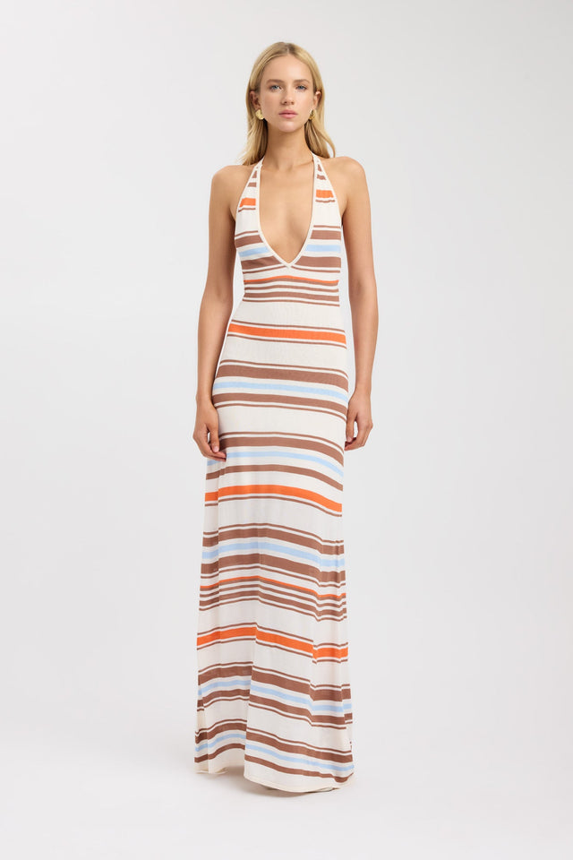 front Skye Stripe Maxi Dress Kookai Aline Maxi Fitted Plungeneck womens-dresses 