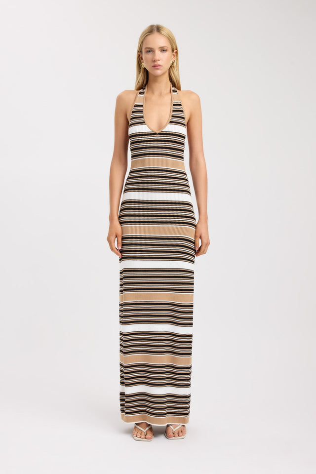 front Chelsea Stripe Low Back Dress Kookai Bodycon Maxi Fitted V-neck womens-dresses 