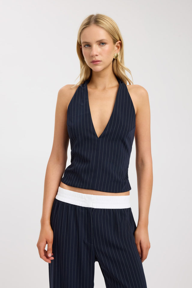 front Oslo Deep Vee Halter Top Kookai Fitted Plungeneck Sleeveless Womens-Blouse 