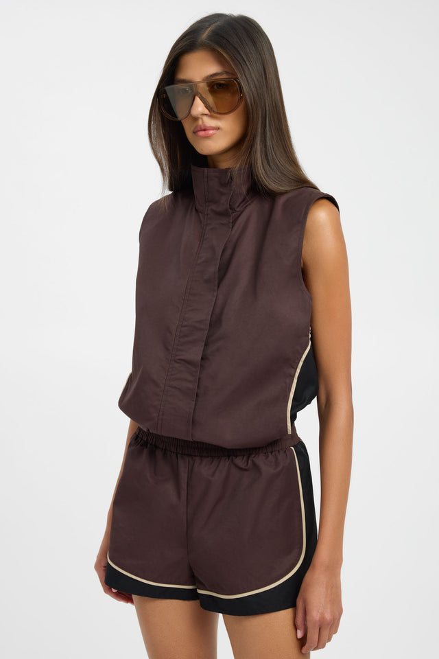 Showcasing Spencer Sport Vest womens coats and jackets featuring sleeveless waistcoat design in regular length with rosy brown side