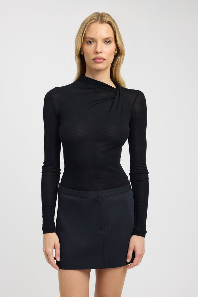 side Anna Wool Long Sleeve Top Kookai Fitted Asymmetry Long sleeve Womens-Blouse 