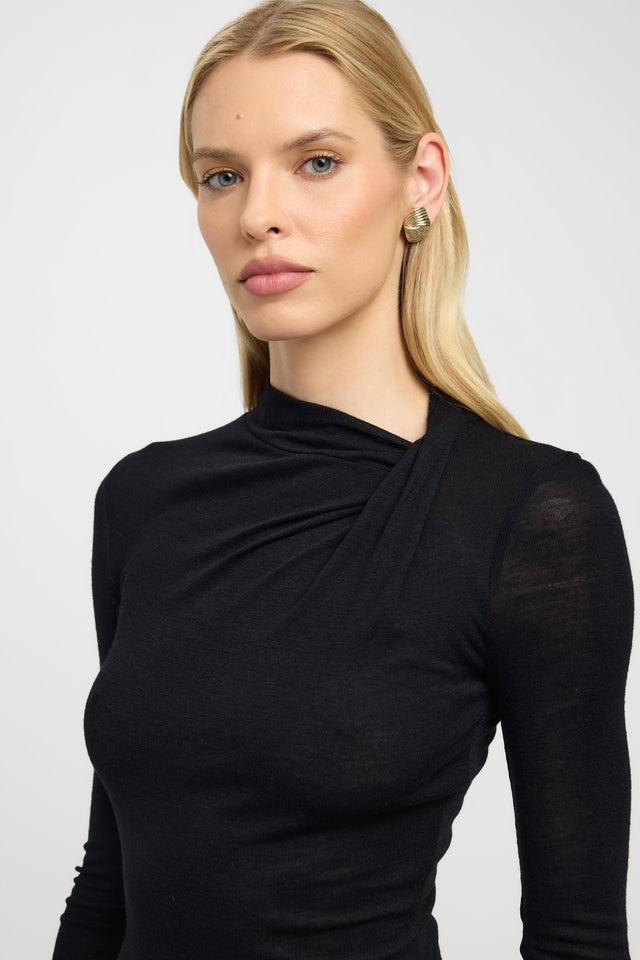 side Anna Wool Long Sleeve Top Kookai Fitted Asymmetry Long sleeve Womens-Blouse 