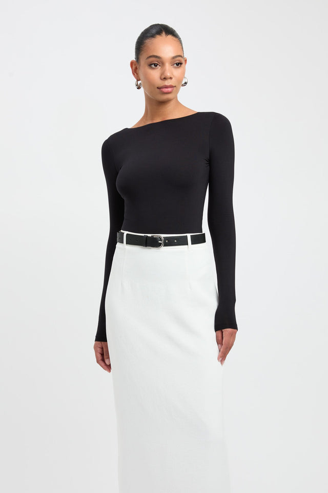 front Amari Long Sleeve Bodysuit Kookai Boat neck black womens-bodysuit 