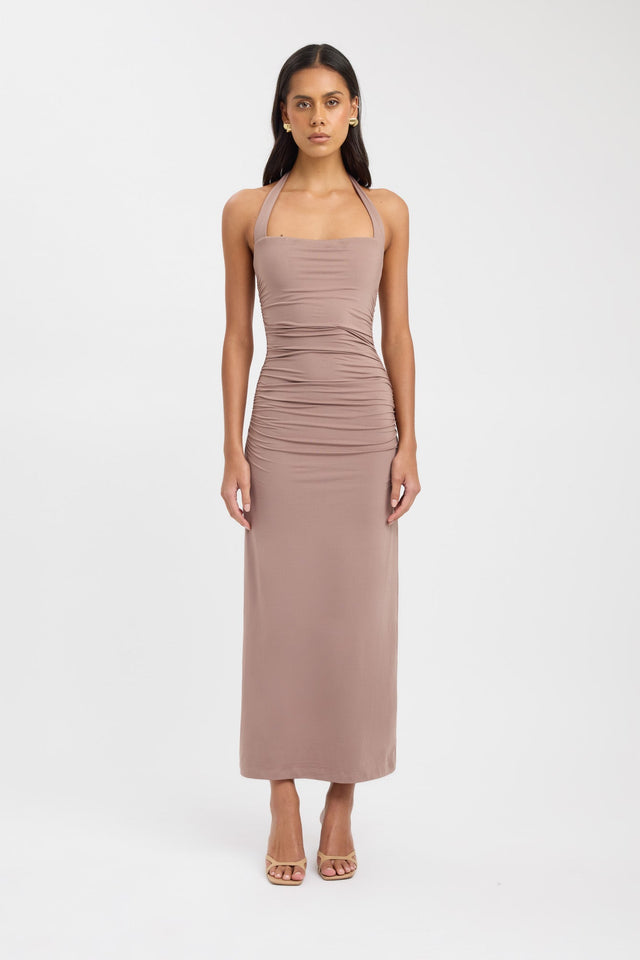 side Hailey Halter Dress Kookai Bodycon Maxi Fitted Squareneck brown womens-dresses 