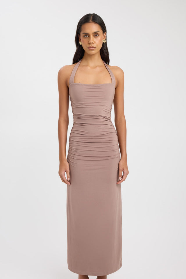 front Hailey Halter Dress Kookai Bodycon Maxi Fitted Squareneck brown womens-dresses 