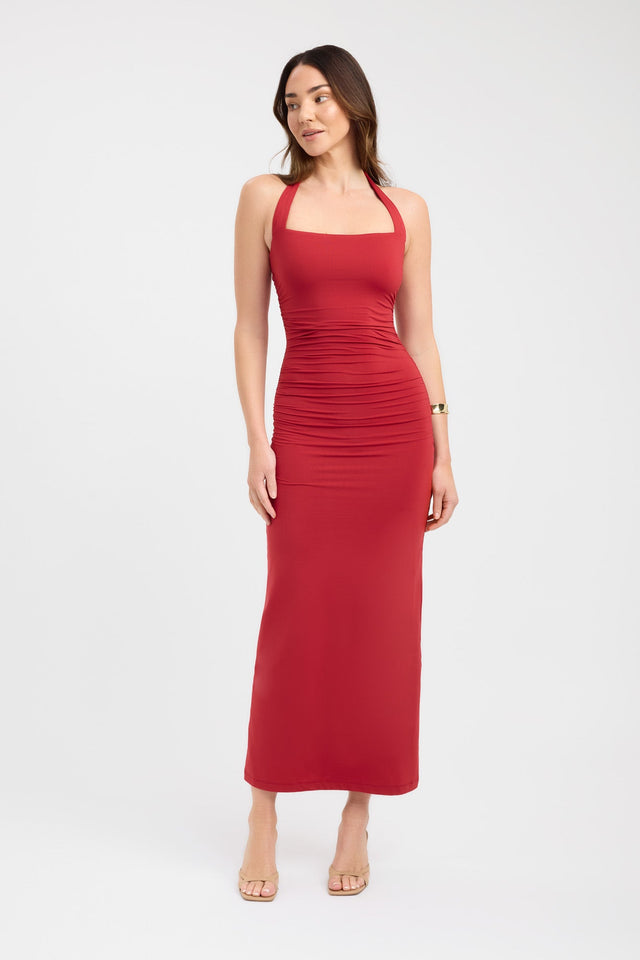 side Hailey Halter Dress Kookai Bodycon Maxi Fitted Squareneck brown womens-dresses 
