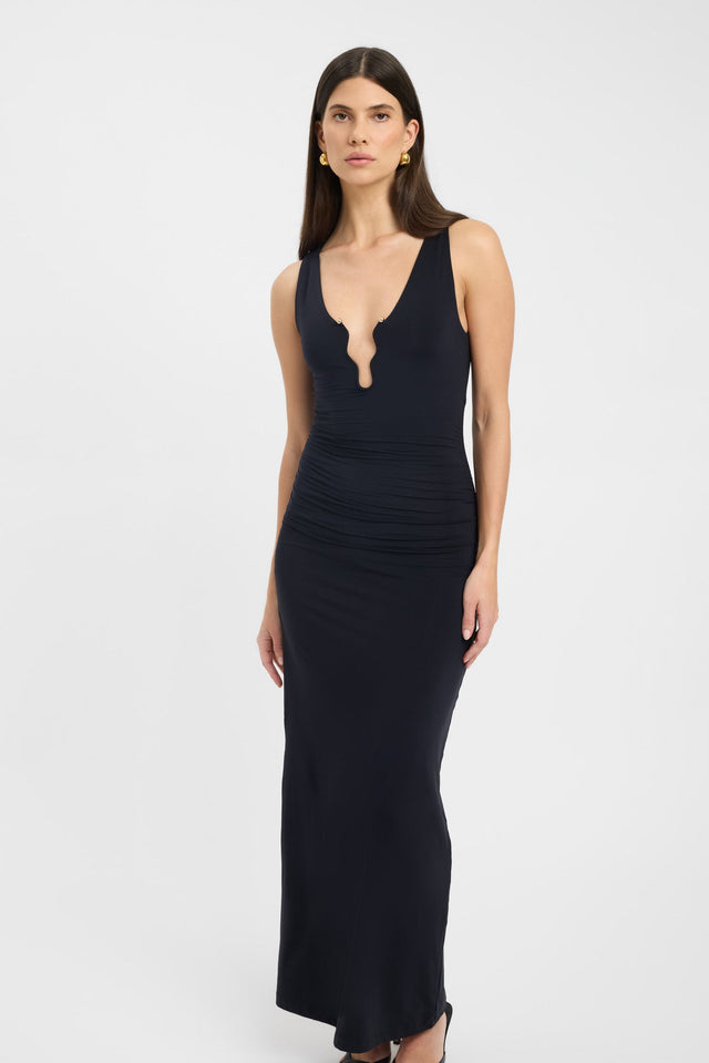 front Trove Trim Dress Kookai Bodycon Maxi Fitted Plungeneck black womens-dresses 
