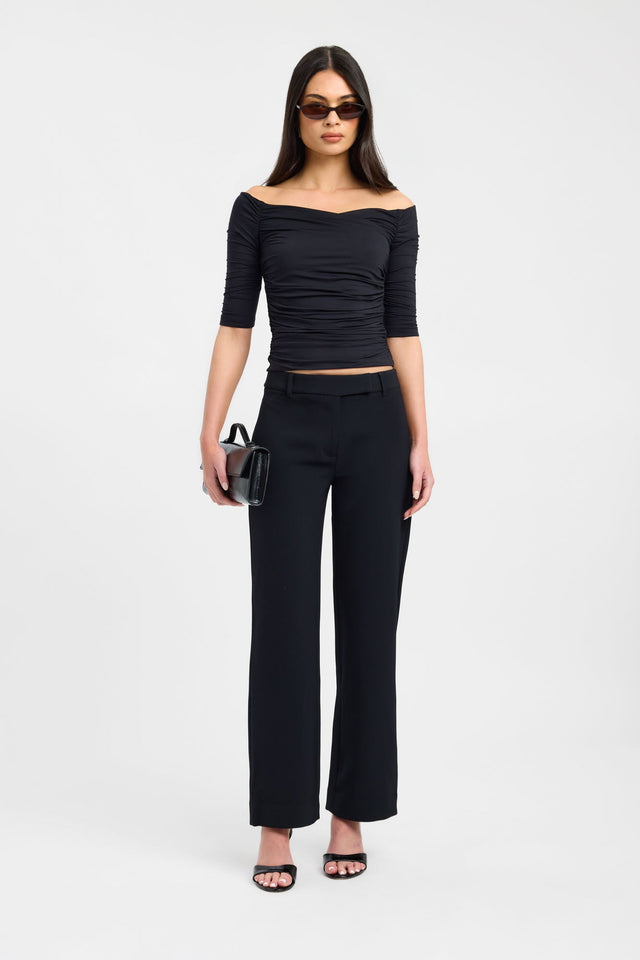 Designed with the Drew Top womens blouse in black featuring fitted straight neckline and half sleeves detail