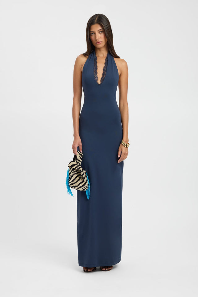 Showcasing the Lila Lace Maxi Dress in womens-dresses with bodycon silhouette, fitted design, plunge halter neckline and navy colour front