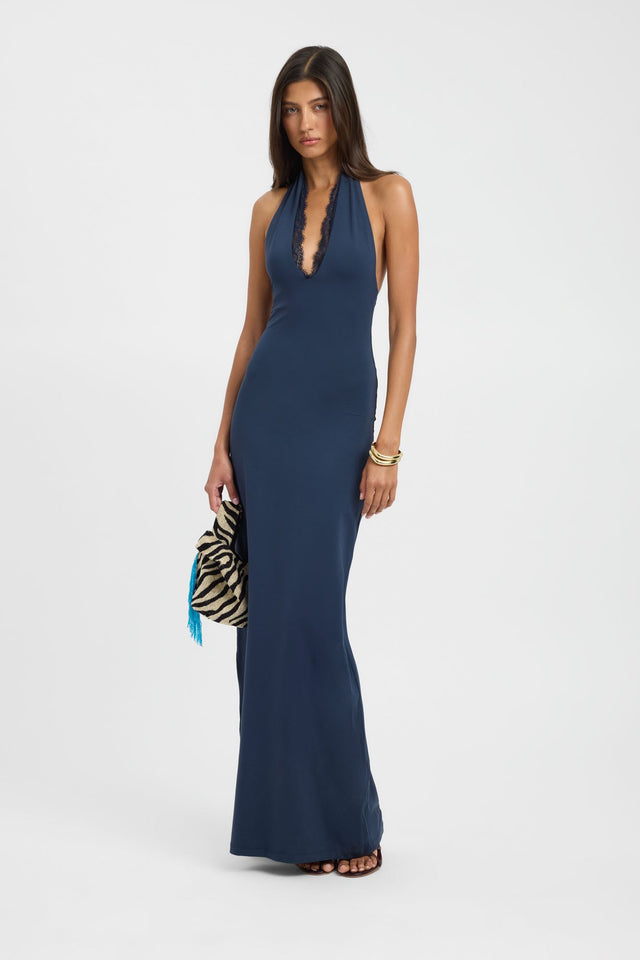 Crafted with the Lila Lace Maxi Dress in womens-dresses featuring bodycon silhouette, fitted design, plunge halter neckline and navy colour detail