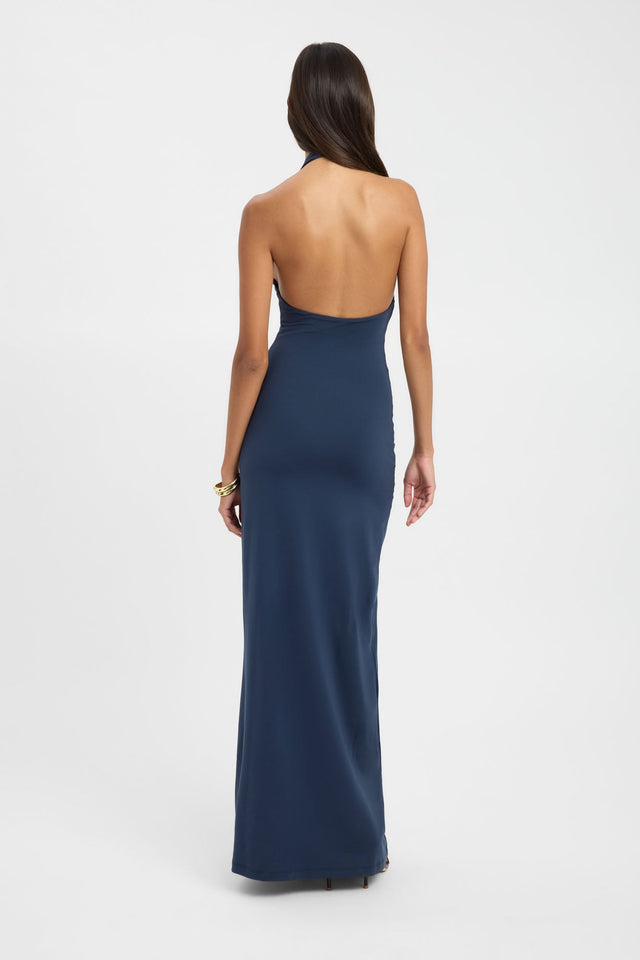 Designed with the Lila Lace Maxi Dress in womens-dresses featuring bodycon silhouette, fitted design, plunge halter neckline and navy colour back