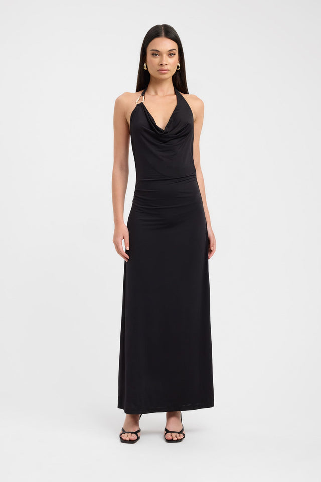 front Char Cowl Dress Kookai Straight Maxi Fitted Cowlneck black womens-dresses 