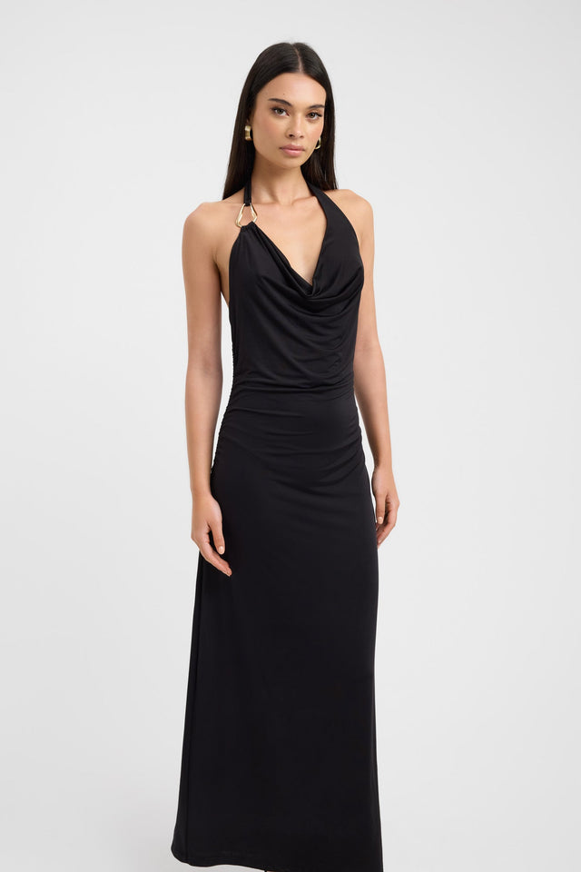 side Char Cowl Dress Kookai Straight Maxi Fitted Cowlneck black womens-dresses 