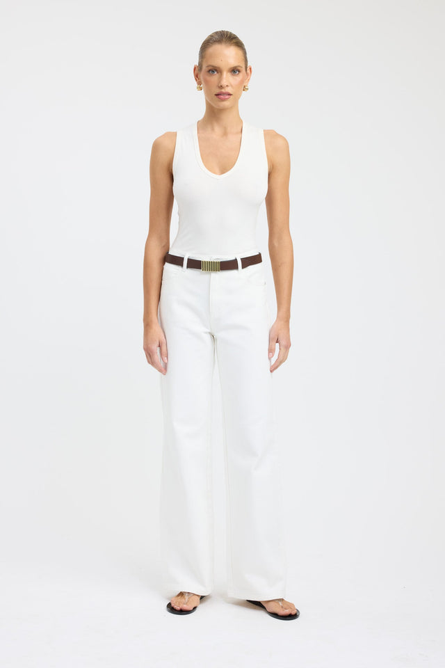 Showcasing the Kai Straight Leg Jean in womens regular pants, featuring high-rise design and white front