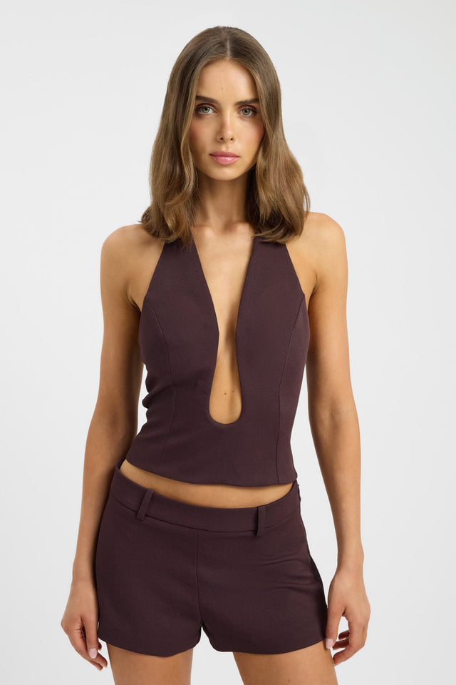 front Oyster Low Cut Top Kookai Fitted Plungeneck Sleeveless Womens-Blouse 