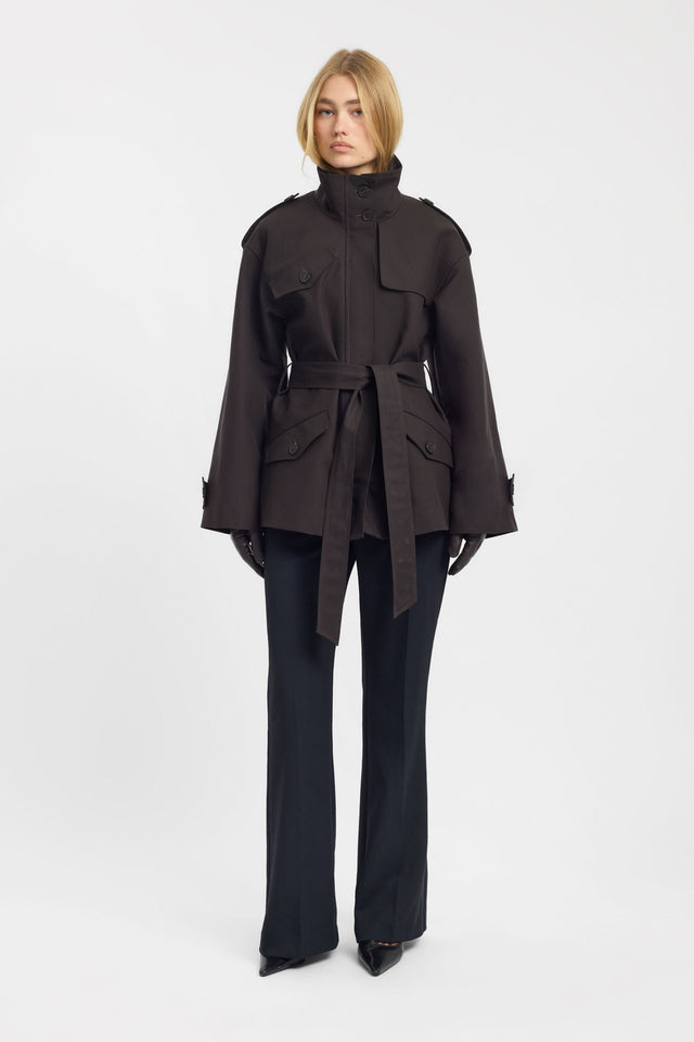 Showcasing the Leon Belted Trench in womens coats and jackets with full sleeves, trench coat silhouette, regular length in black front