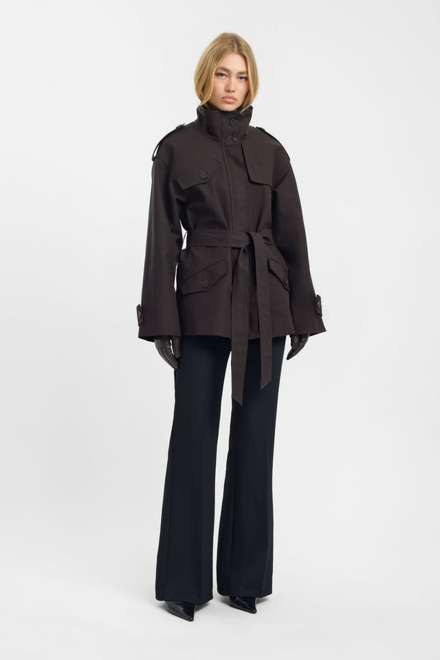 Presenting the Leon Belted Trench in womens coats and jackets with full sleeves, trench coat style, regular length in black side