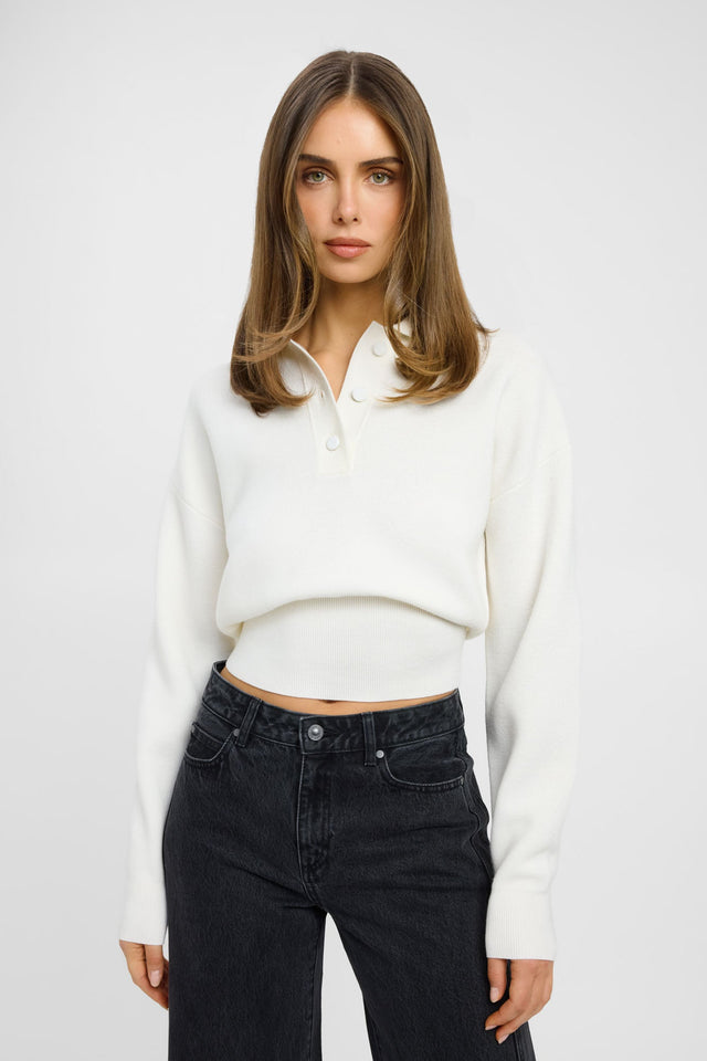 Crafted Dalton Polo Jumper womens jumper with v-neck, relaxed fit in ivory front