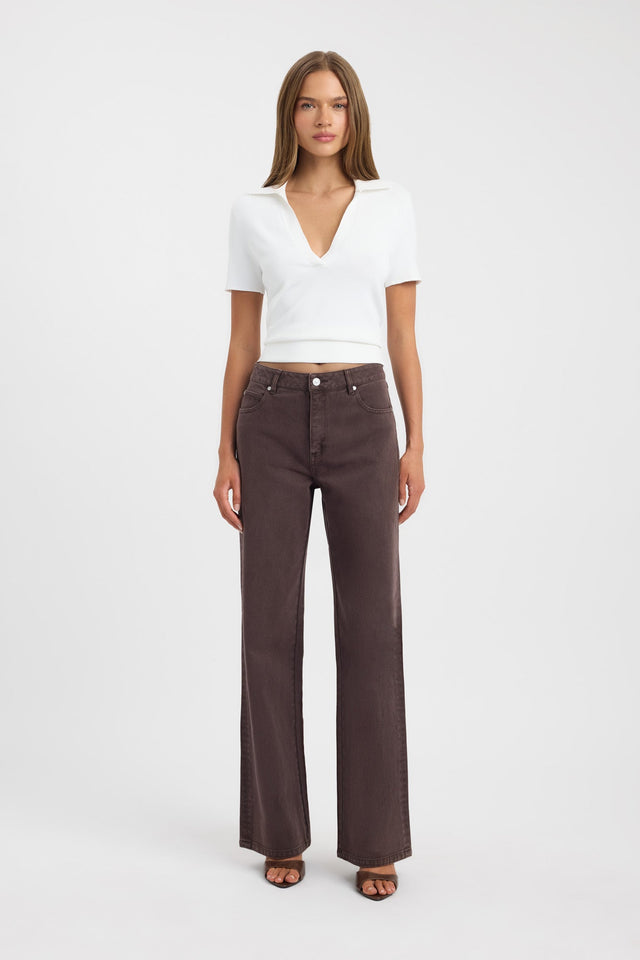 Showcasing the Kai Straight Leg Jean in womens regular pants with wide-leg high-rise design in saddle brown front