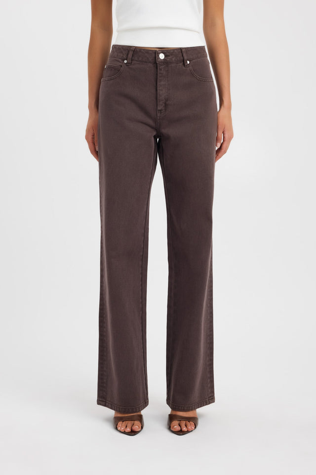 Presenting the Kai Straight Leg Jean in womens regular pants featuring wide-leg high-rise cut in chocolate brown on-body