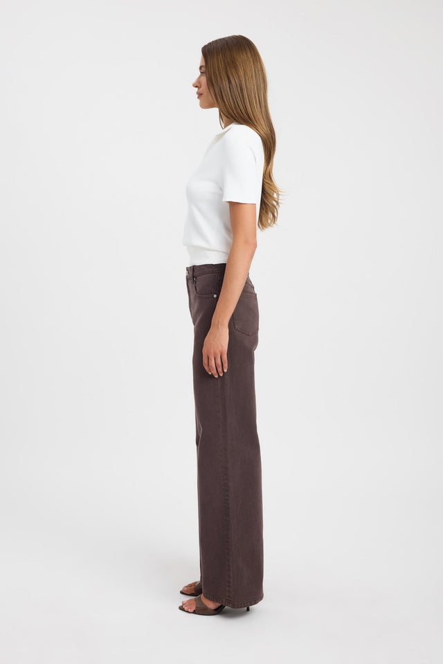 Highlighting the Kai Straight Leg Jean in womens regular pants with wide-leg high-rise silhouette in saddle brown side