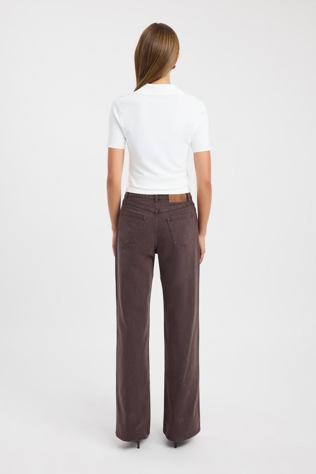 Displaying the Kai Straight Leg Jean in womens regular pants with wide-leg high-rise fit in chocolate brown back
