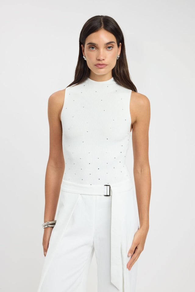 Featuring the Riviera Tank womens singlets with fitted high-neck in white on-body