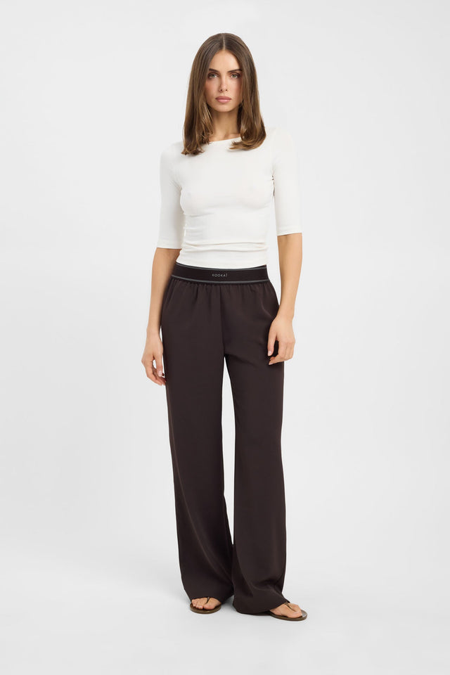 Showcasing the Opal Branded Elastic Pant in womens regular pants, featuring wide-leg high-rise brown front