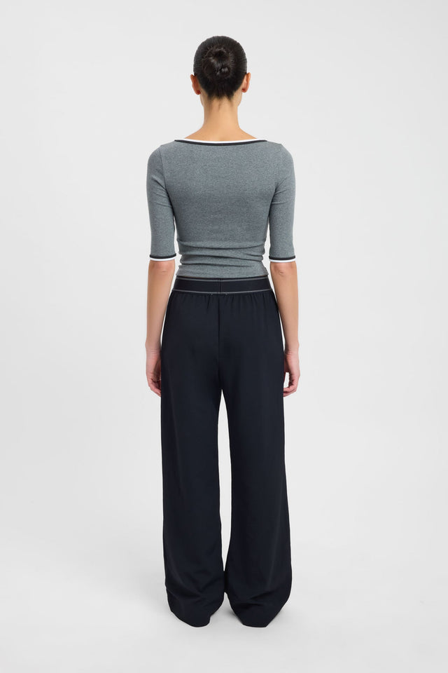Crafted with the Jac Contrast Top womens blouse in grey featuring fitted boat neckline half sleeves and stripe detail on-body